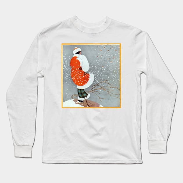 Snowfall Serenity: The Lady in Red Long Sleeve T-Shirt by TooplesArt